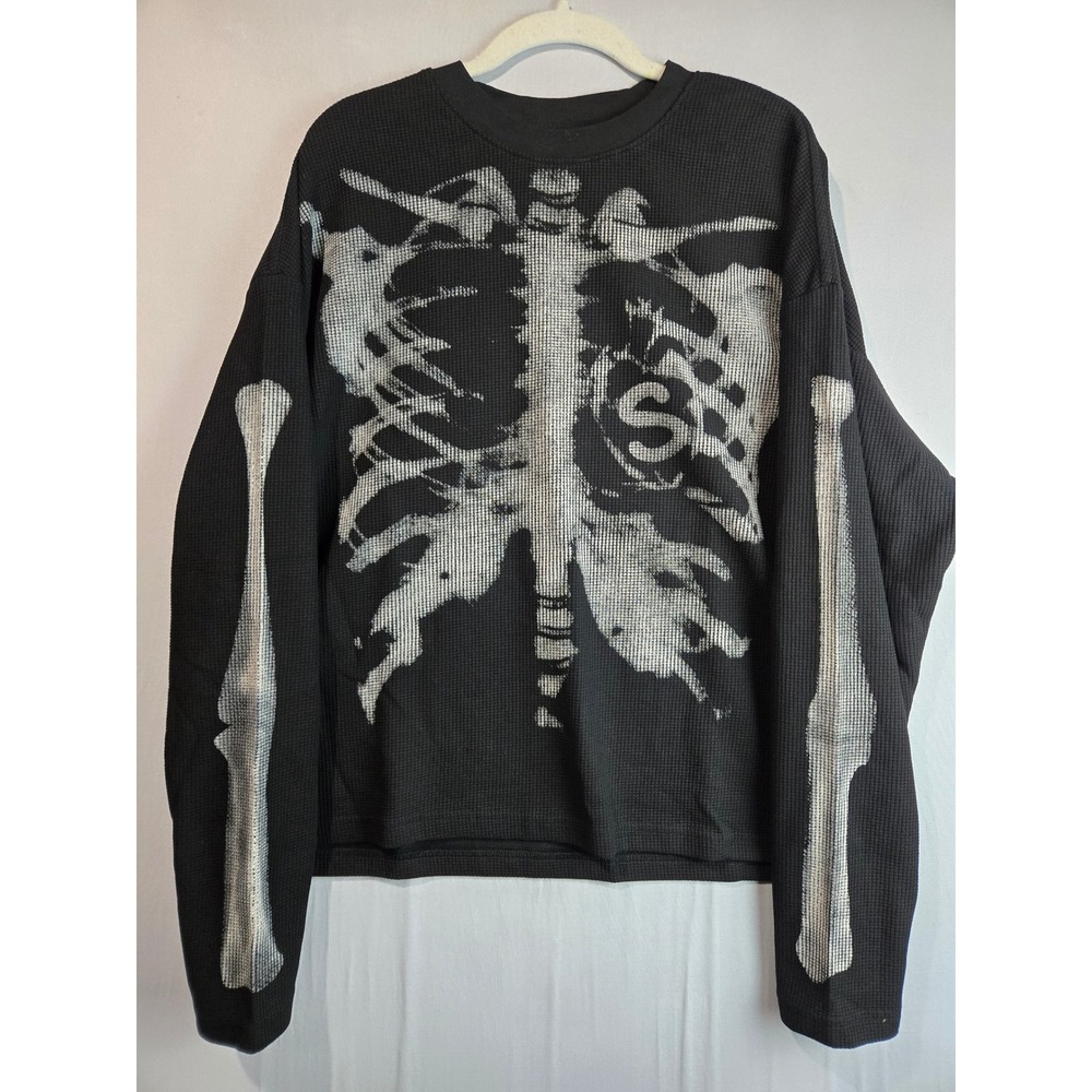 Supermade Mens Black Waffle Knit Skeleton Graphic Thermal Long Sleeve Shirt S